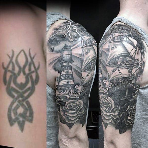Gentleman With Half Sleeve Nautical Themed Tattoo Cover Up Ideas