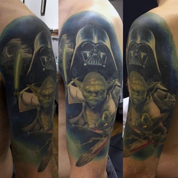 Gentleman With Half Sleeve Star Wars Themed Yoda And Darth Vader Tattoo