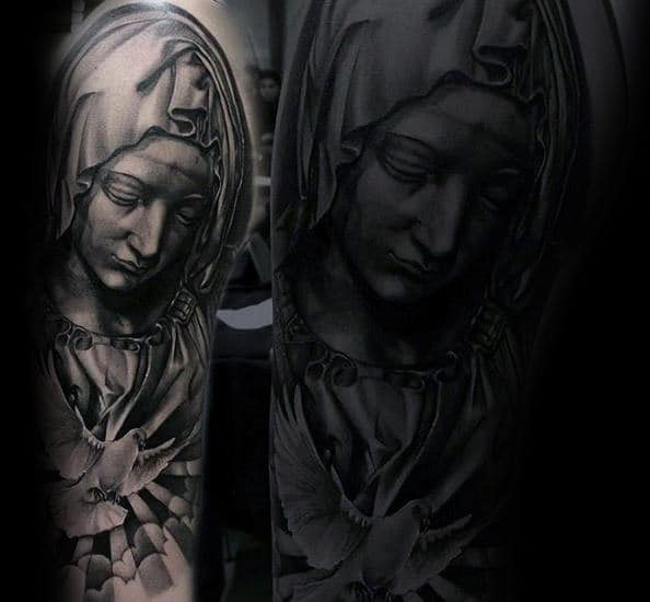 Gentleman With Half Sleeve Virgin Mary And White Dove Tattoo Design