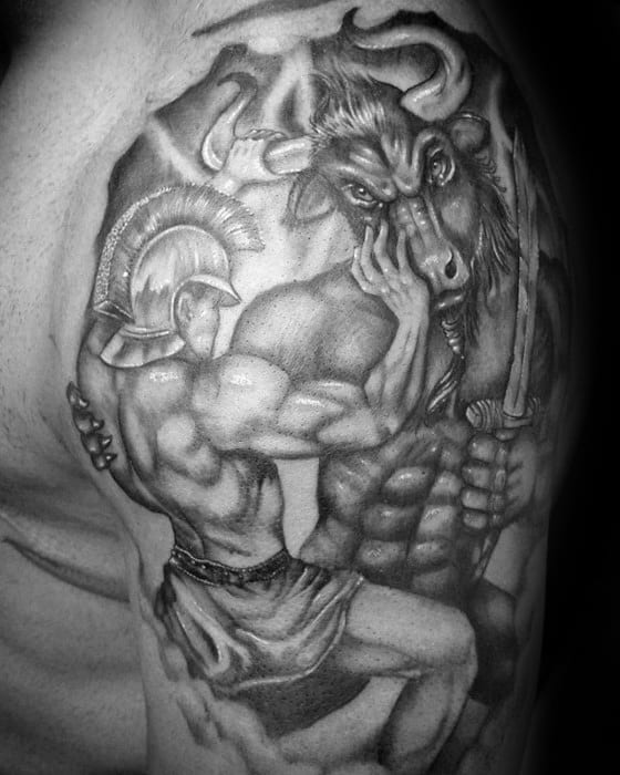 Gentleman With Half Sleeve Warrior Minotaur Tattoo