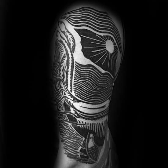 Gentleman With Half Sleeve Woodcut Loch Ness Monster Tattoo