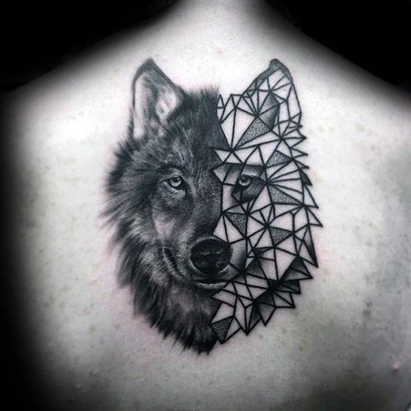 Gentleman With Half Wolf Geometric Head Unique Back Tattoo