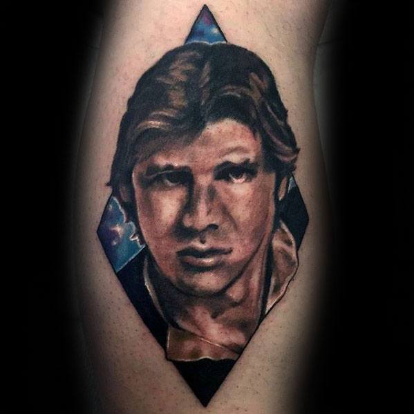 Gentleman With Han Solo Portrait Tattoo On Leg Calf