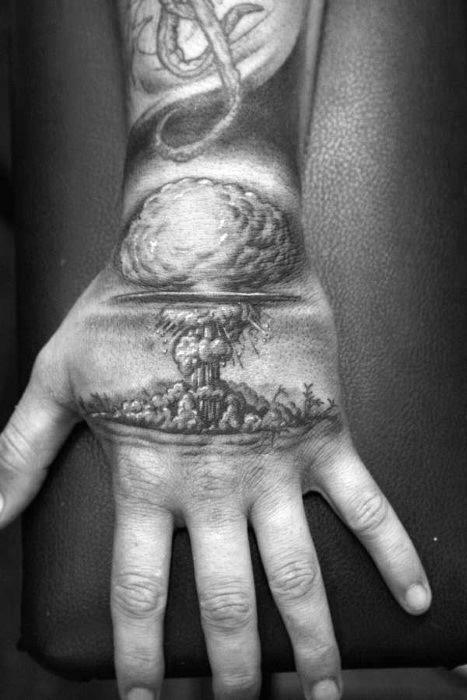 Gentleman With Hand 3d Black And Grey Ink Mushroom Cloud Tattoo