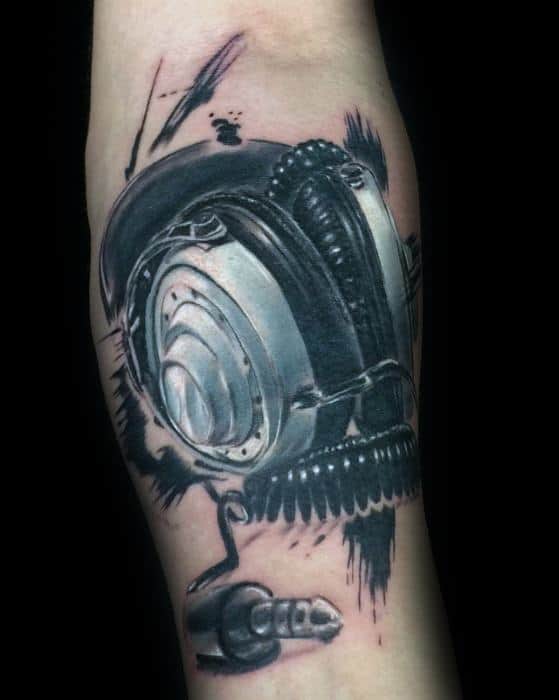 Gentleman With Headphones Tattoo Paint Brush Stroke Inner Forearm