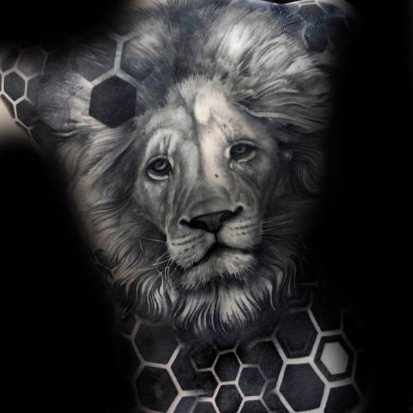 Gentleman With Hexagon Geometric Realistic Lion Head Tattoo On Back