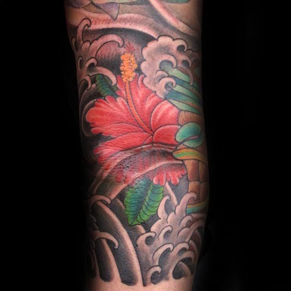 Gentleman With Hibiscus Flower Japanese Arm Tattoo