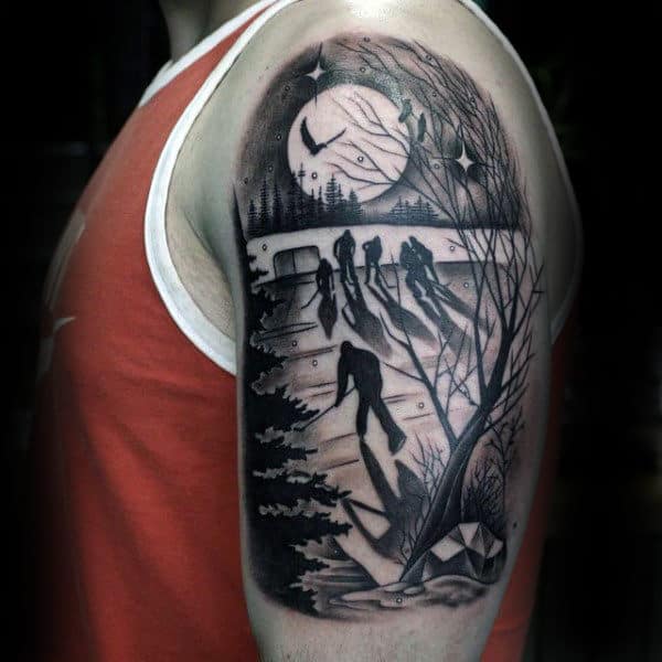 Gentleman With Hockey Players On Ice Rink Mens Arm Tattoo Design
