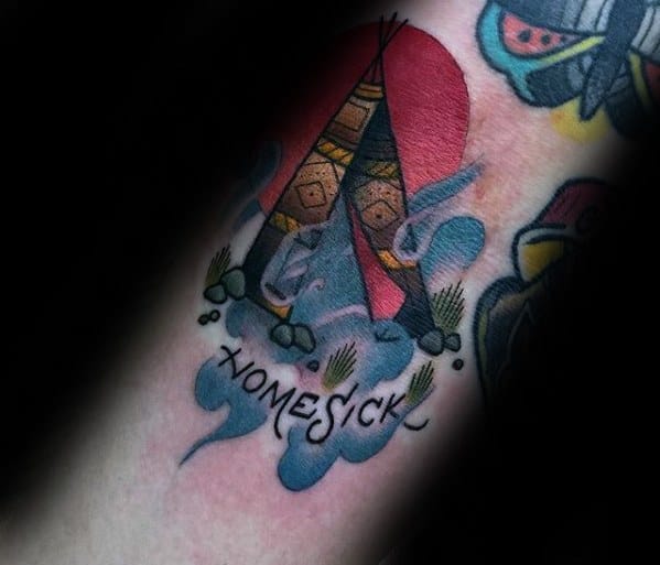 Gentleman With Homesick Teepee Tattoo On Forearm