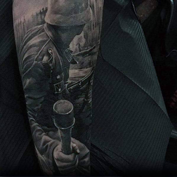Gentleman With Hyper Realistic War Sleeve Tattoo