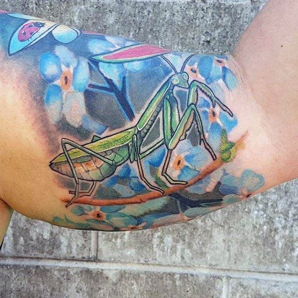 Gentleman With Inner Arm Bicep Praying Mantis Tattoo