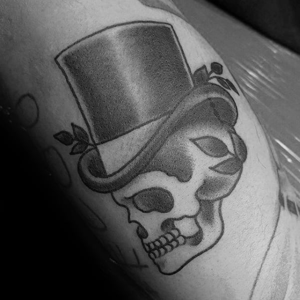 Gentleman With Inner Arm Bicep Shaded Traditional Skull Wearing Top Hat Tattoo