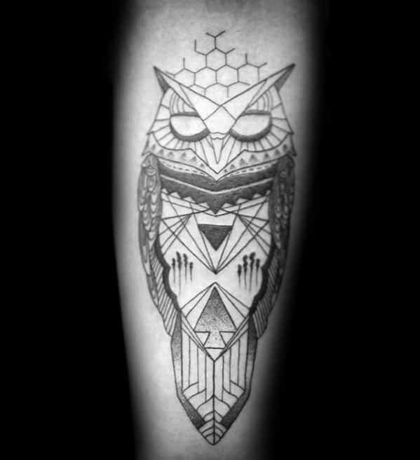 Gentleman With Inner Forearm Geometric Owl Tattoo Designs