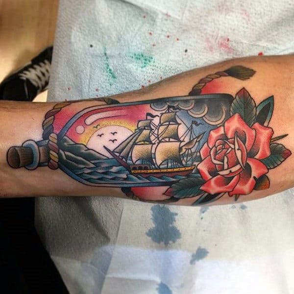Gentleman With Inner Forearm Ship In A Bottle Tattoo