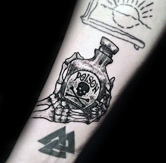 Gentleman With Inner Forearm Skeleton Hand Poison Bottle Tattoo
