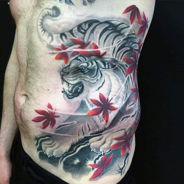 Gentleman With Japanese And Red Maple Leaves Rib Cage Side Tattoo