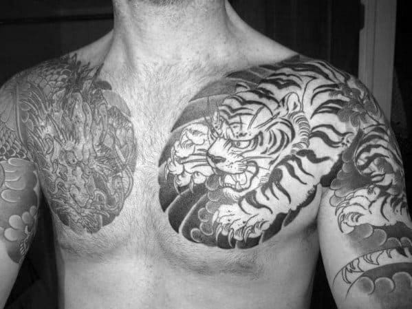 Gentleman With Japanese Chest Tiger Dragon Tattoo