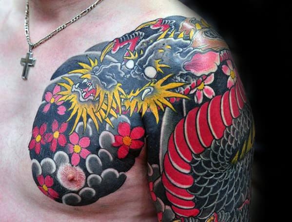 Gentleman With Japanese Shoulder Dragon Tattoo Design