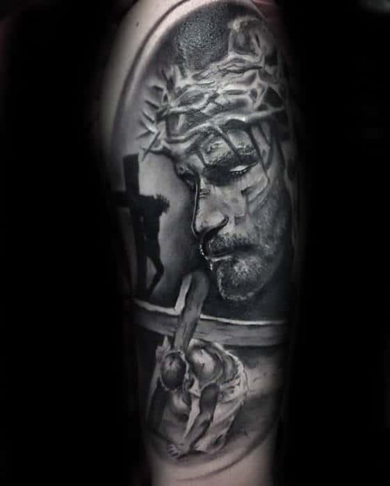 Gentleman With Jesus Carrying Cross Catholic Arm Tattoo