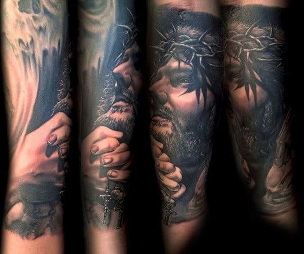 Gentleman With Jesus Praying Hands Rosary Tattoo Forearm Sleeve