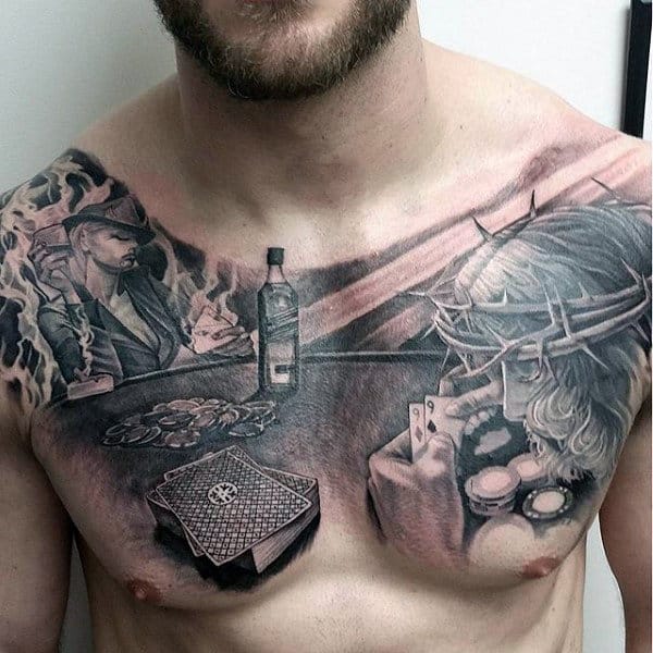 Gentleman With Jesus Tattoo Poker Themed On Upper Chest