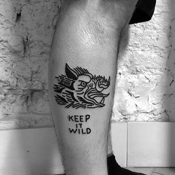 Gentleman With Keep It Wild Simple Leg Hog Tattoo