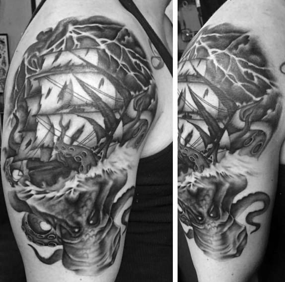Gentleman With Kraken Sailing Ship In Lightning Tattoo On Arm