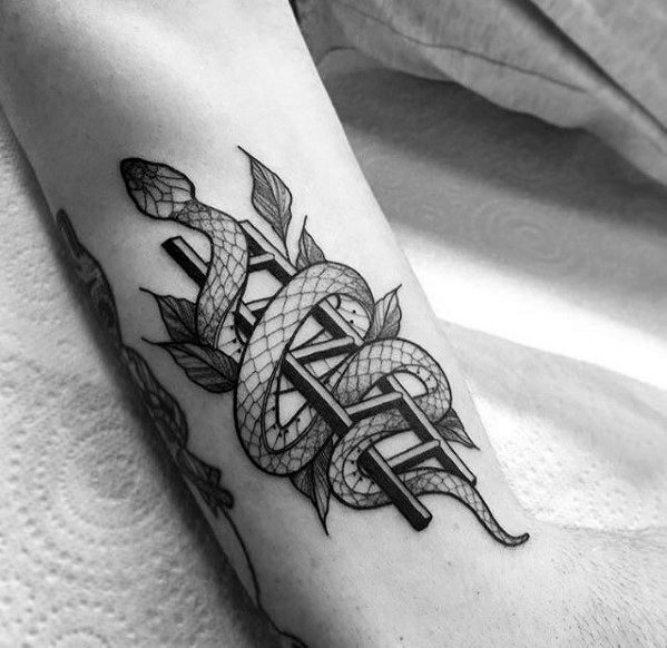 Detailed tattoo featuring a snake intertwined with a ladder and leaves, symbolizing temptation, perfect for men's forearms or calves.