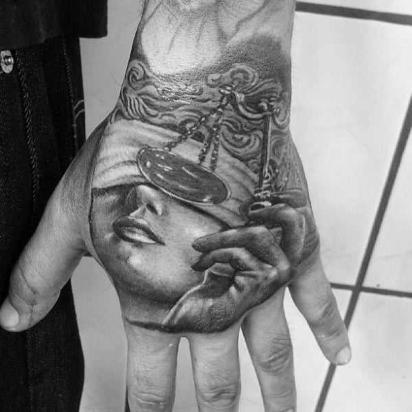 Gentleman With Lady Justice Hand Tattoo
