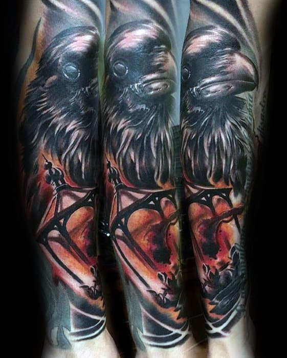 Gentleman With Lantern And Raven Bird Sleeve Attoo