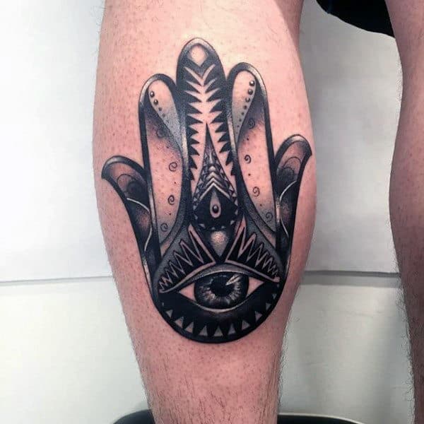Gentleman With Leg Calf Tattoo Of Hamsa Hand