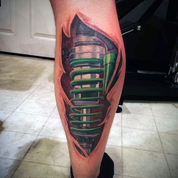 Gentleman With Leg Green Shock Absorber Coil Suspension Tattoo
