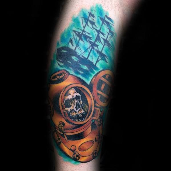 Colorful tattoo of a sunken ship above a vintage diver’s helmet with a skull inside, surrounded by ocean blues and shadowy marine life.