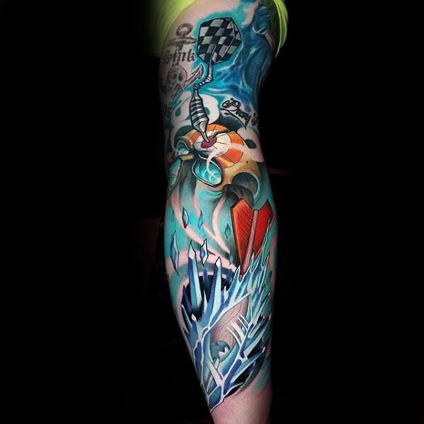 Colorful abstract sleeve tattoo featuring a dart piercing a dartboard with swirling blues, shattered glass effect, and bold graphic elements.