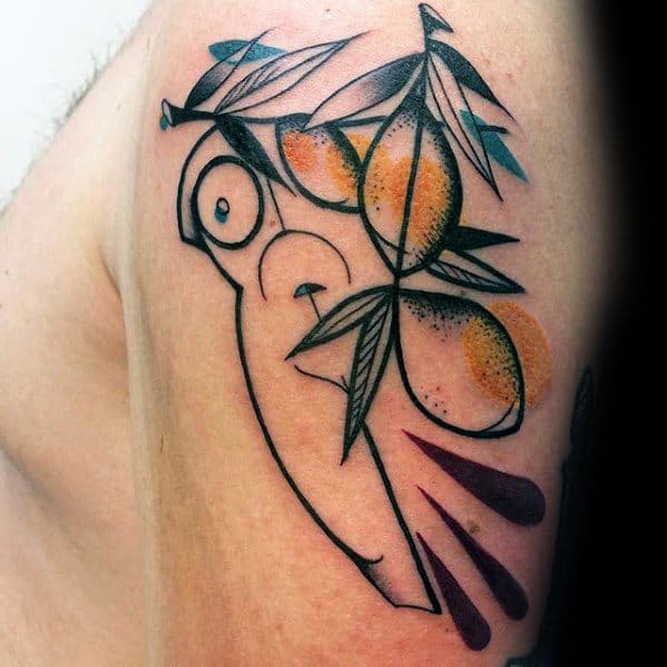 Abstract tattoo of a parrot with bold black lines, perched among vibrant lemons and stylized leaves in a modern art style.