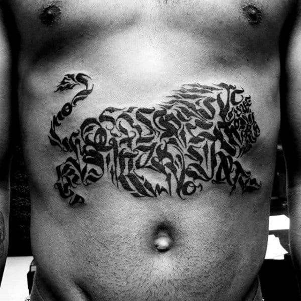 Gentleman With Lettering Lion Artistic Stomach Tattoo