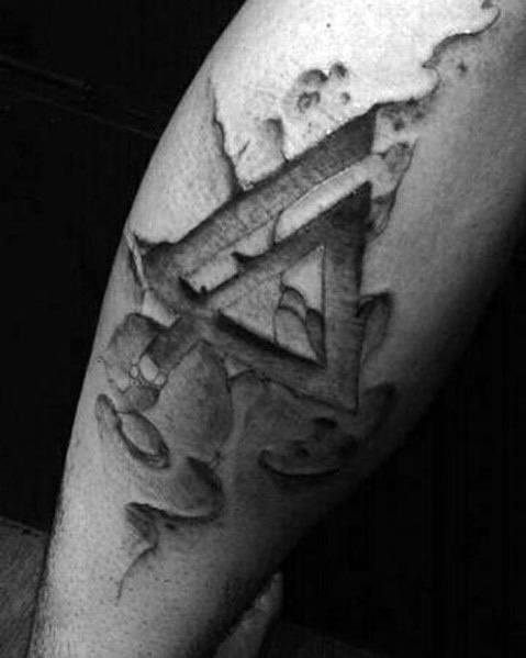 Black and gray tattoo of the Linkin Park logo with a 3D cracked stone effect, creating a rugged and textured look.