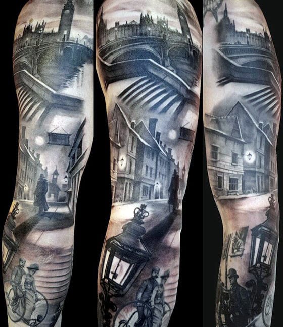 Gentleman With London Buildings Themed Full Tattoo Sleeve