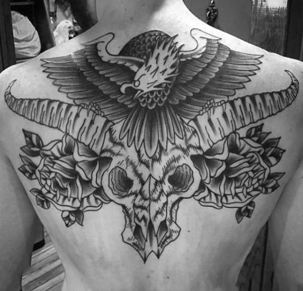 Gentleman With Longhorn Skull Roses And Eagle Traditional Upper Back Tattoos