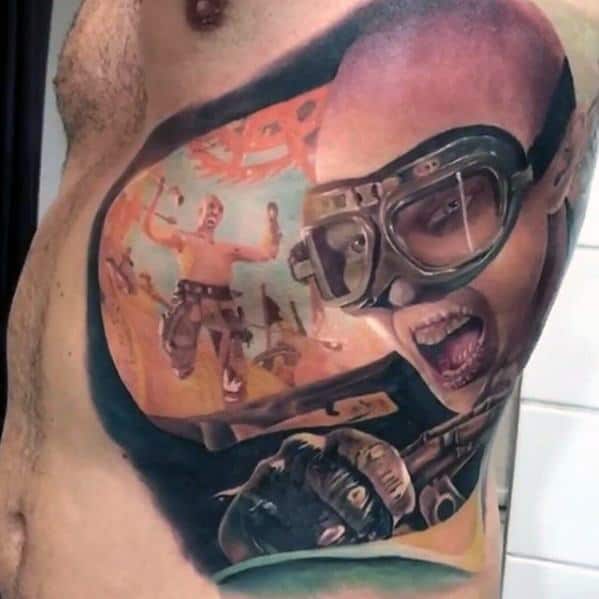 Gentleman With Mad Max Tattoo On Rib Cage Side