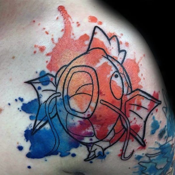 Watercolor-style Magikarp tattoo with bold red and blue splashes and minimalist black linework.