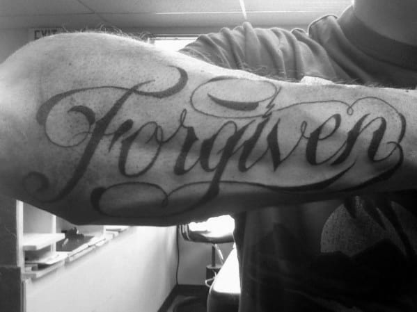 Gentleman With Manly Forgiven Outer Forearm Tattoo