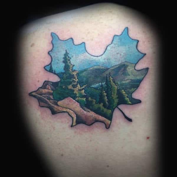 Gentleman With Maple Leaf Nature Landscape Tattoo