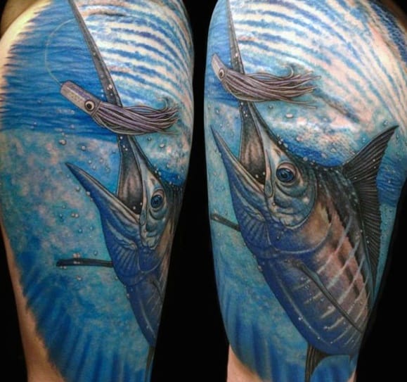 Gentleman With Marlin With Fishing Lure Underwater Half Sleeve Tattoo