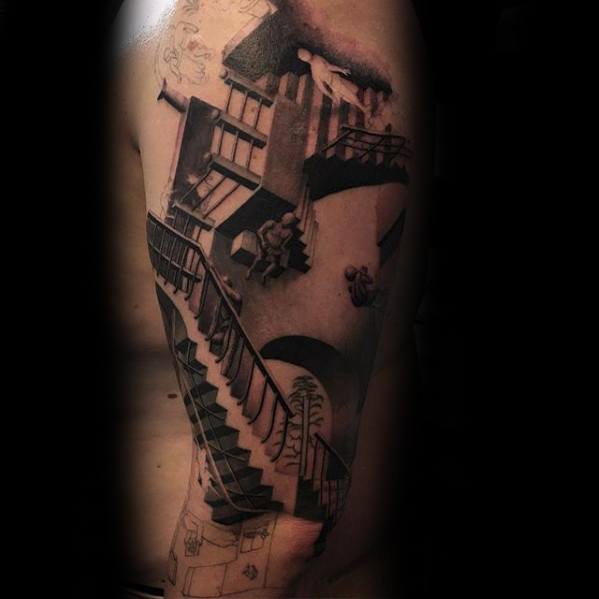 Tattoo of MC Escher’s “Relativity” with gravity-defying staircases and figures walking in impossible directions around the arm.
