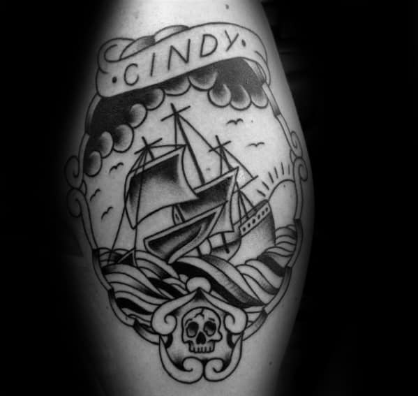 Gentleman With Memorial Sinking Ship Tattoo On Leg Calf