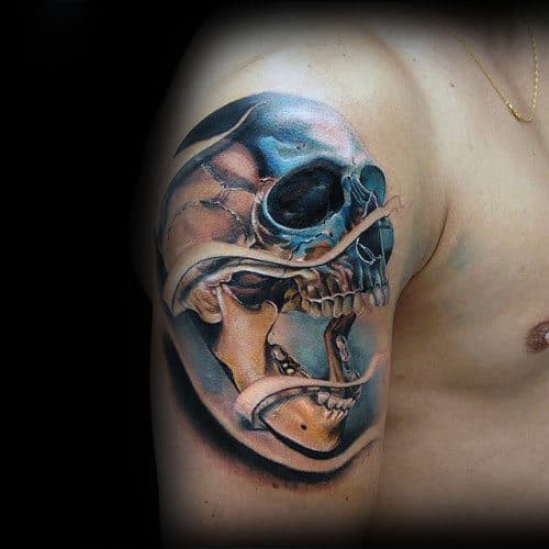 Gentleman With Metallic Realistic Skull Tattoo On Arm