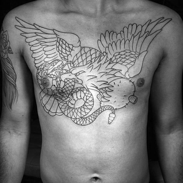 Gentleman With Mexican Eagle Traditional Black Ink Outline Chest Tattoo