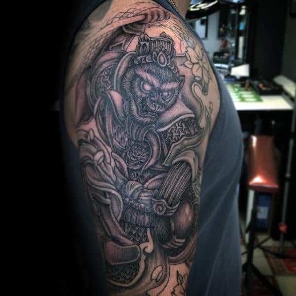 Gentleman With Monkey King Half Sleeve Tattoo Design