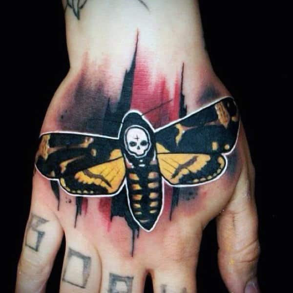 Gentleman With Moth Trash Polka Hand Tattoo